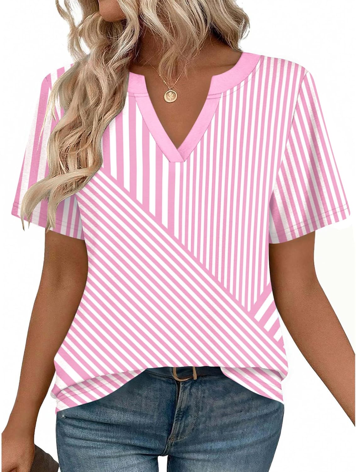 Women V Neck Cute Rolled Short Sleeve Shirts Boho