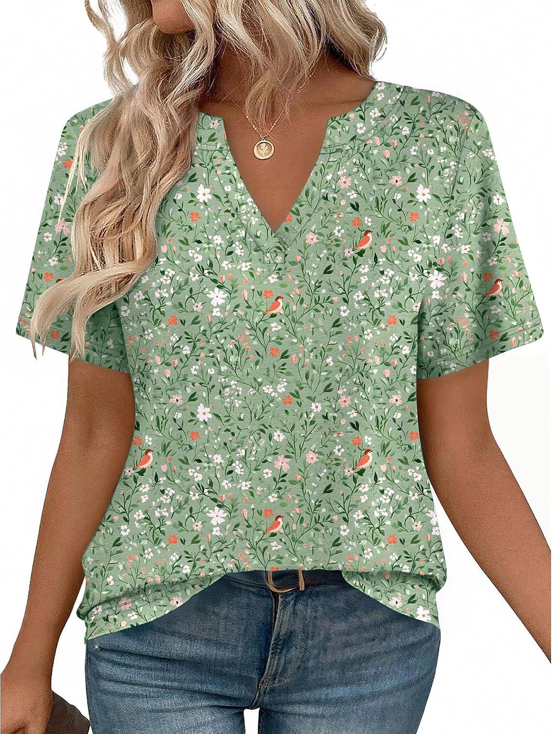 Women V Neck Cute Rolled Short Sleeve Shirts Boho