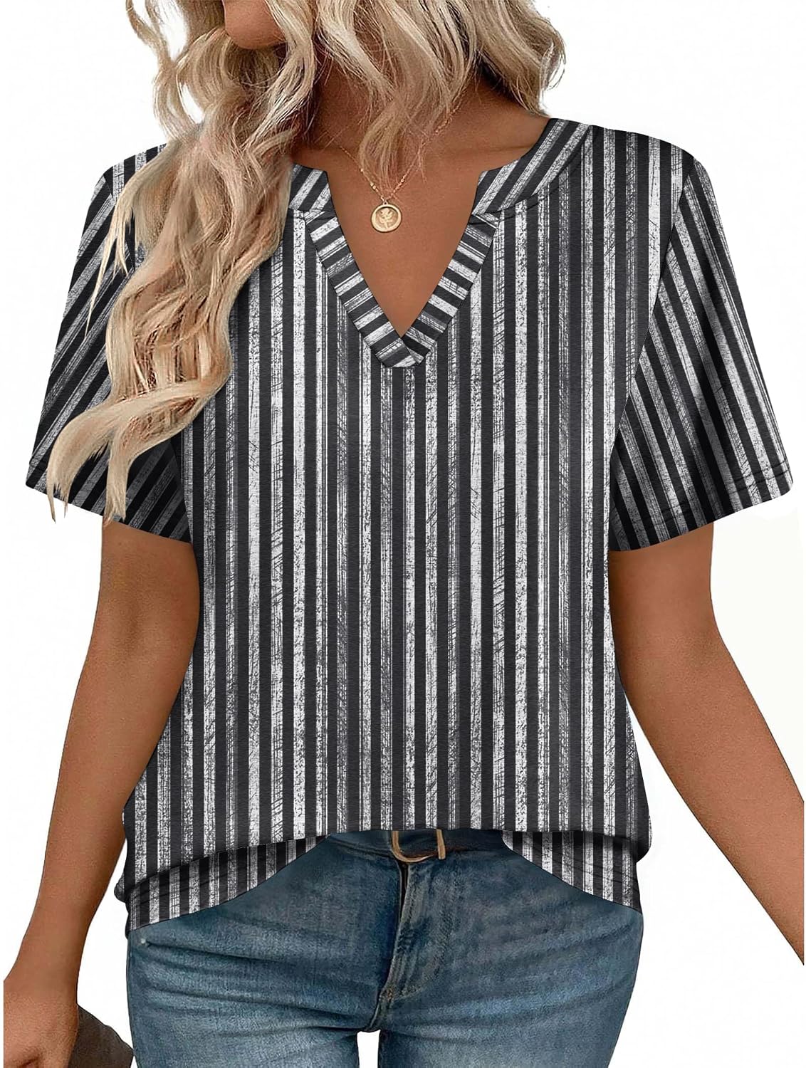 Women V Neck Cute Rolled Short Sleeve Shirts Boho