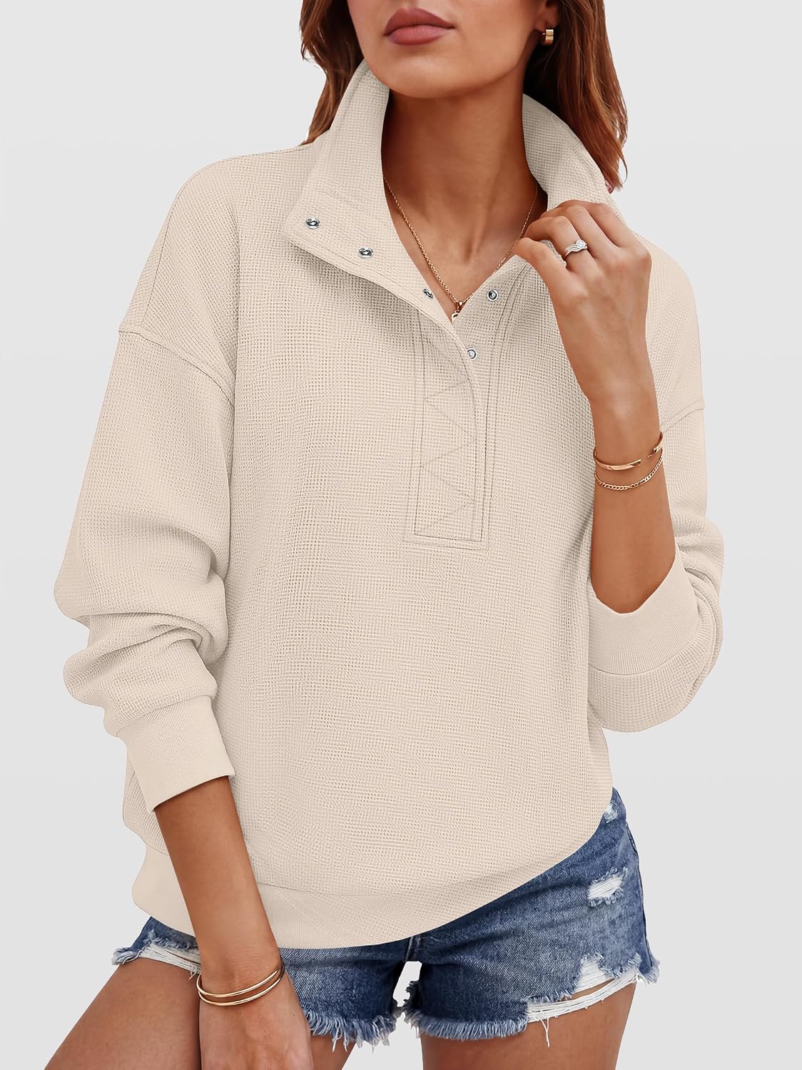 Women Waffle Knit Henley Pullover Tops Beige | Lightweight Comfy Soft Fall Outfits. Long Sleeve Loose Stand Collar Half Button.