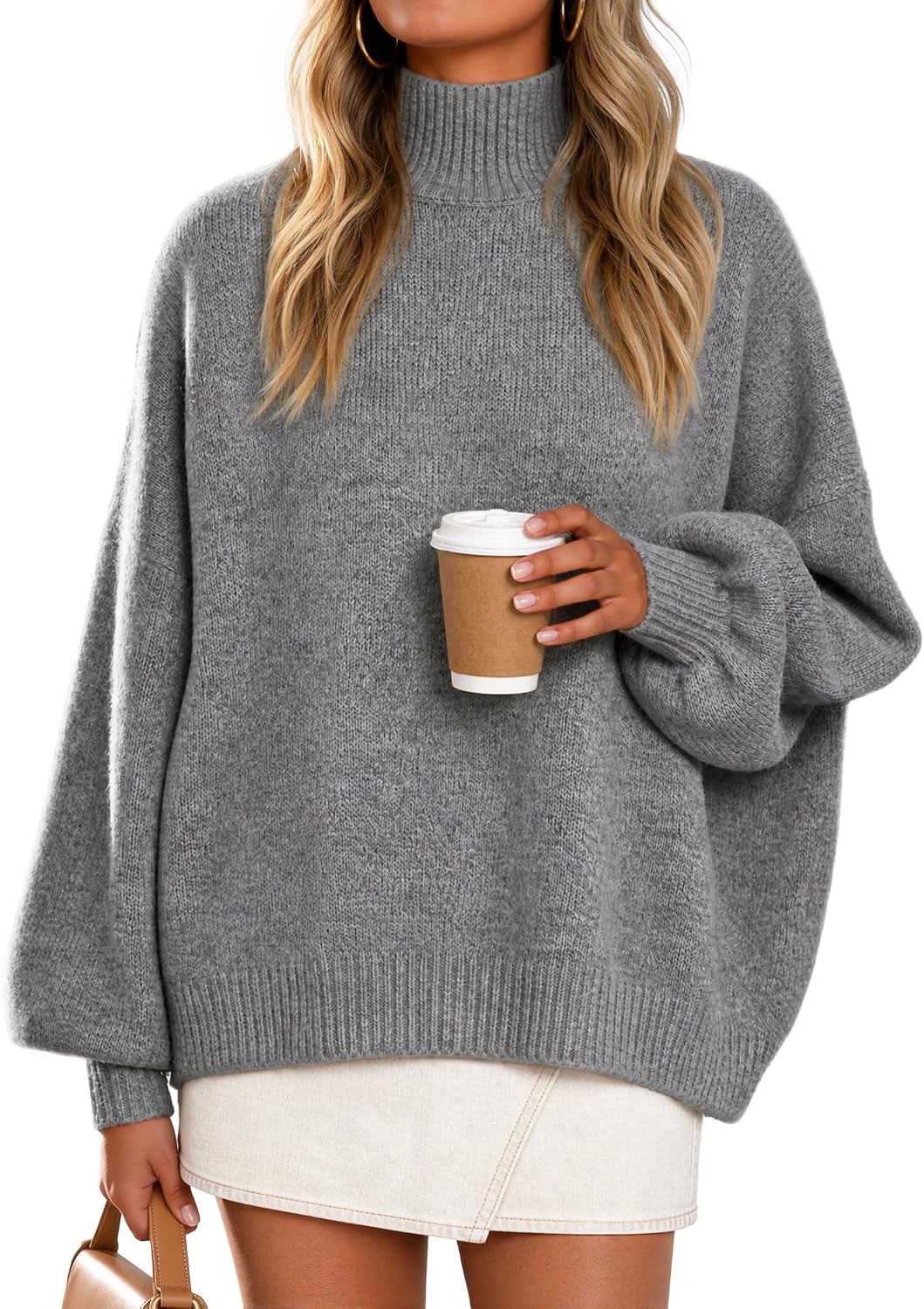 Women's Fall Winter Long Sleeve Turtleneck Oversized Sweaters Coffee | Work Casual Sweater. Lantern Sleeve.