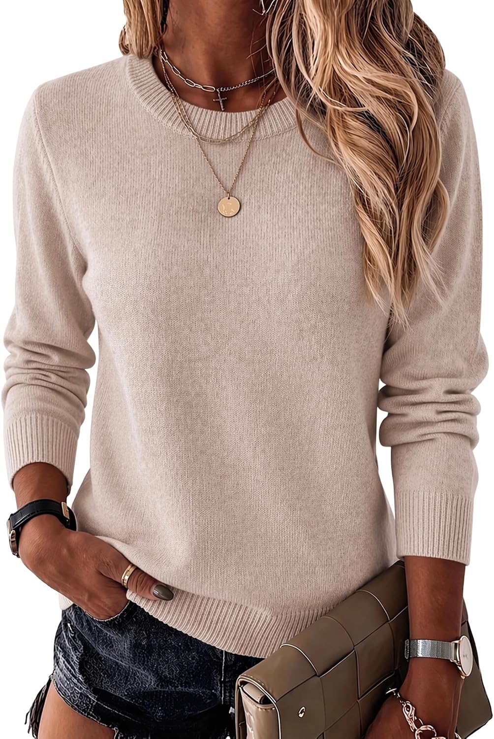 Womens Wool Blend Crewneck Sweater Long Sleeve Soft Knit Pullover Lightweight Business Casual Black Fashion Clothing