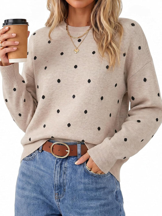 Women's Wool Blend Relaxed Fit Crew Neck Long Sleeve Trendy Sweaters Fall Winter Polka Dot Beige
