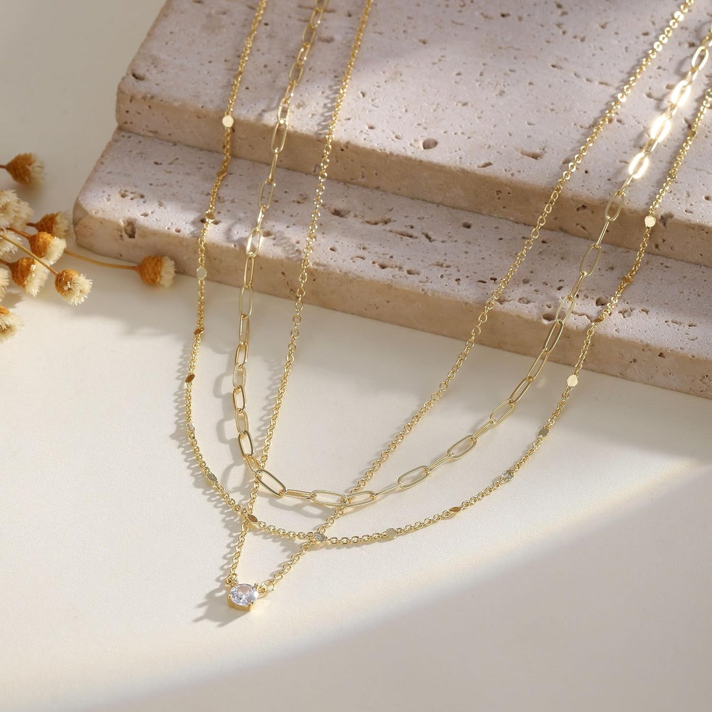Gold Necklaces for Women. Stackable 14K Gold Plated Non-Tarnish