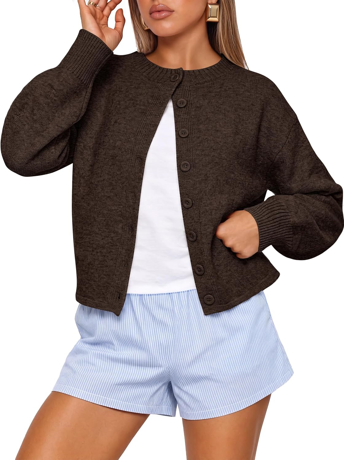 Women Loose Fit Button Down Puff Sleeve | Waist Length.Mid-Weight.Soft Cozy Knit Sweater.Long Sleeve Button Up Fall Outfits.Casual Relaxed Fit.