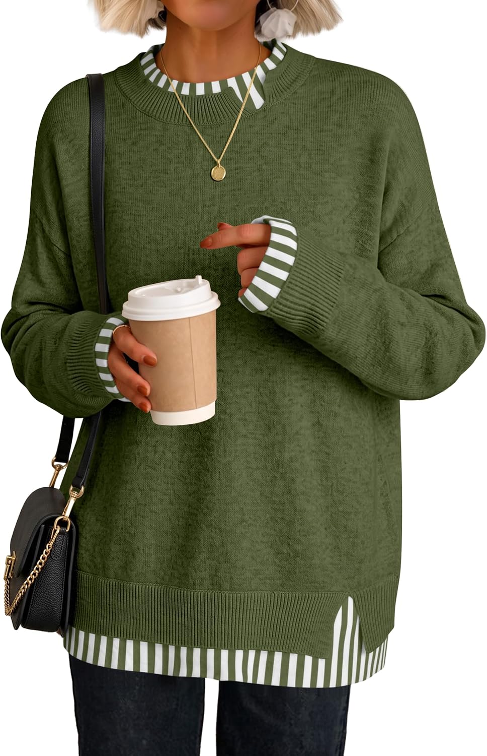 Cozy Knit Teacher School Outfits for Women.Faux Layered Ribbed Trim.Long Sleeve Drop Shoulder