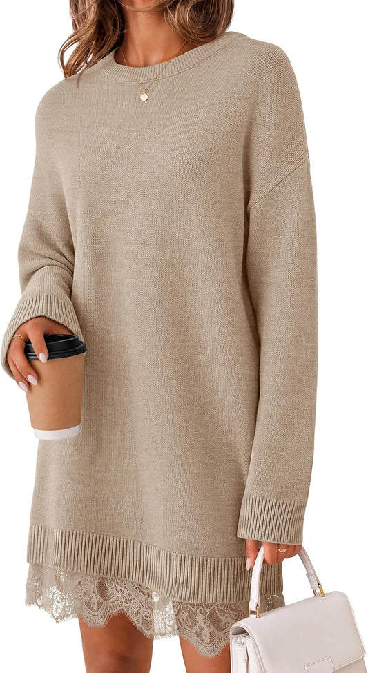 Patchwork. Crew Neck. Above Knee Length. Twofer Pullover. Ribbed. Drop Shoulder. Loose Fit. Soft.