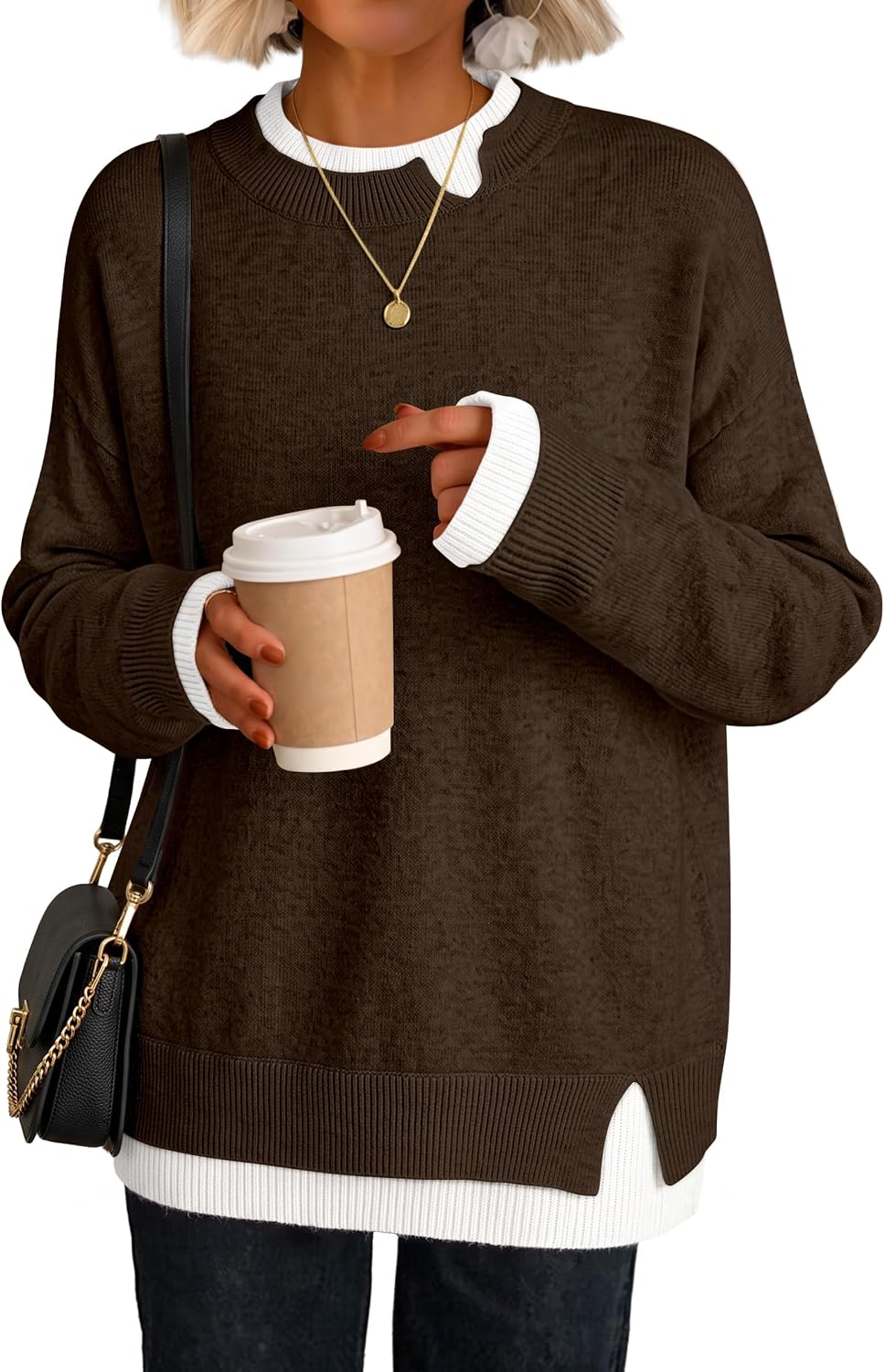 Cozy Knit Teacher School Outfits for Women.Faux Layered Ribbed Trim.Long Sleeve Drop Shoulder