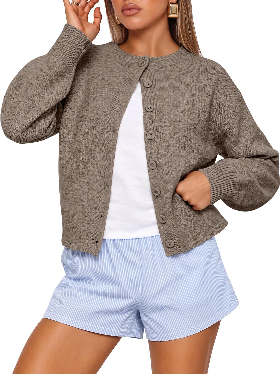 Women Loose Fit Button Down Puff Sleeve | Waist Length.Mid-Weight.Soft Cozy Knit Sweater.Long Sleeve Button Up Fall Outfits.Casual Relaxed Fit.