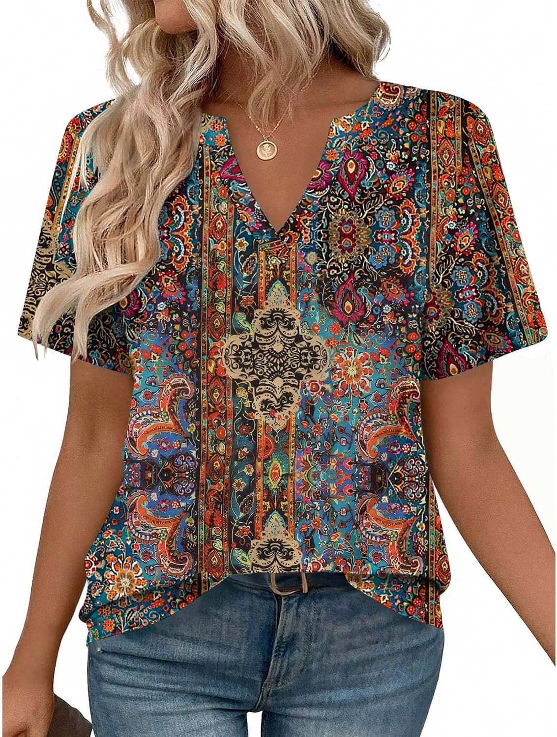 Women V Neck Cute Rolled Short Sleeve Shirts Boho