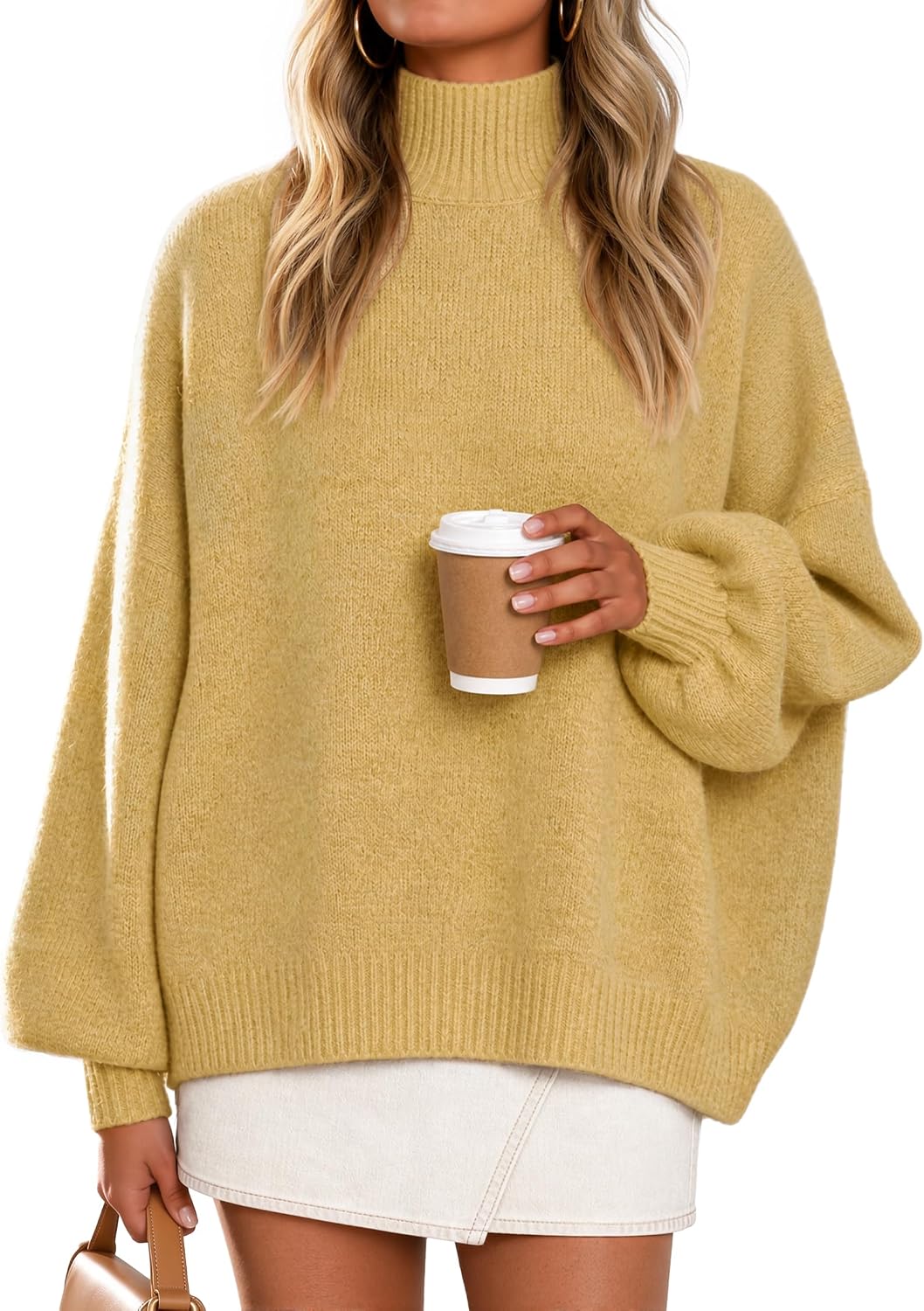 Women's Fall Winter Long Sleeve Turtleneck Oversized Sweaters Coffee | Work Casual Sweater. Lantern Sleeve.