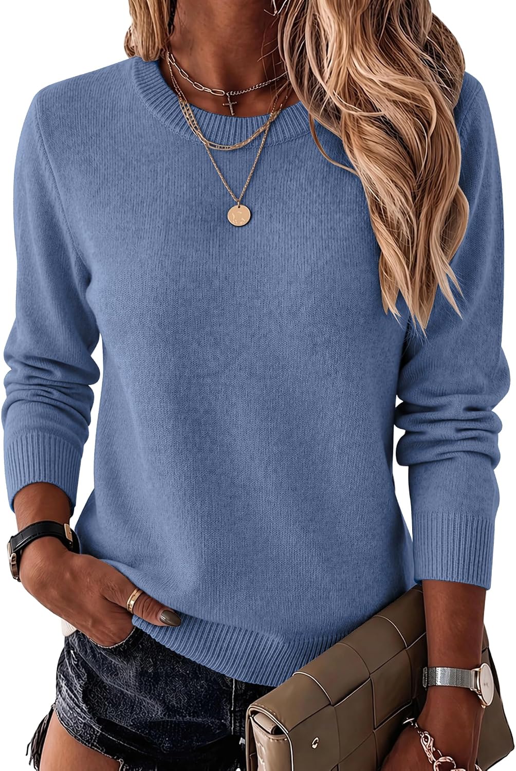 Womens Wool Blend Crewneck Sweater Long Sleeve Soft Knit Pullover Lightweight Business Casual Black Fashion Clothing