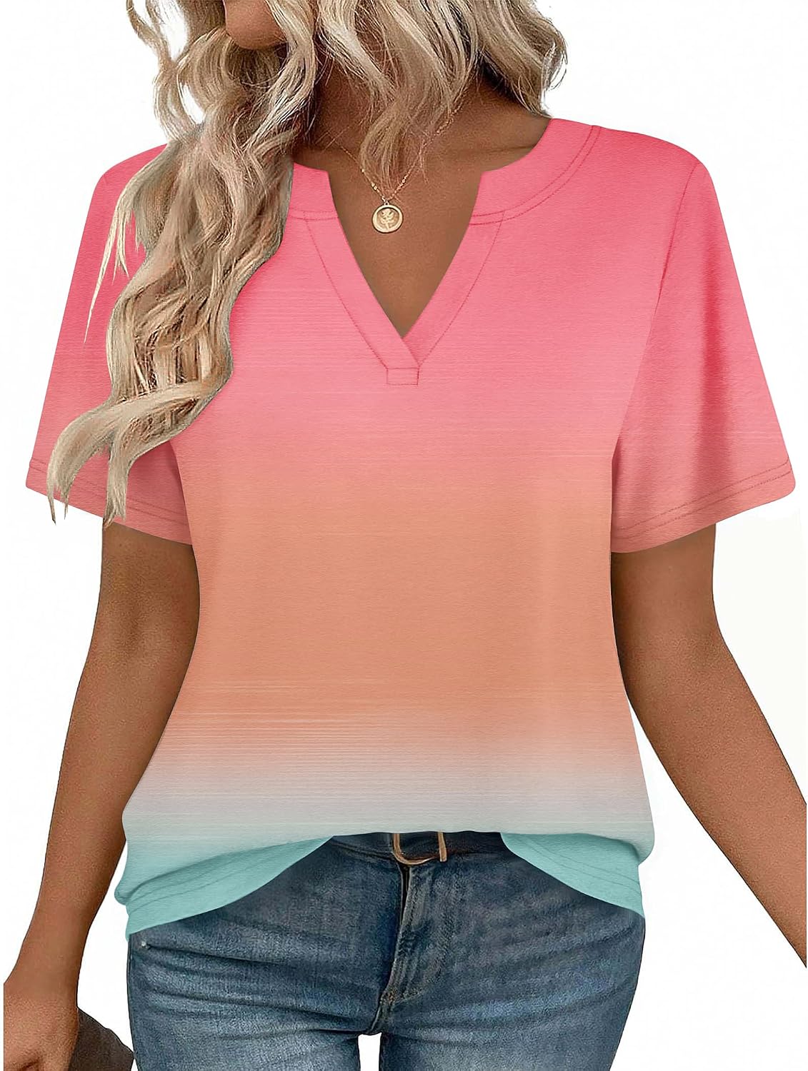 Women V Neck Cute Rolled Short Sleeve Shirts Boho