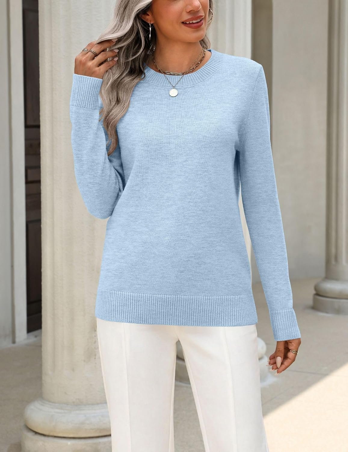 Womens Wool Blend Crewneck Sweater Long Sleeve Soft Knit Pullover Lightweight Business Casual Black Fashion Clothing