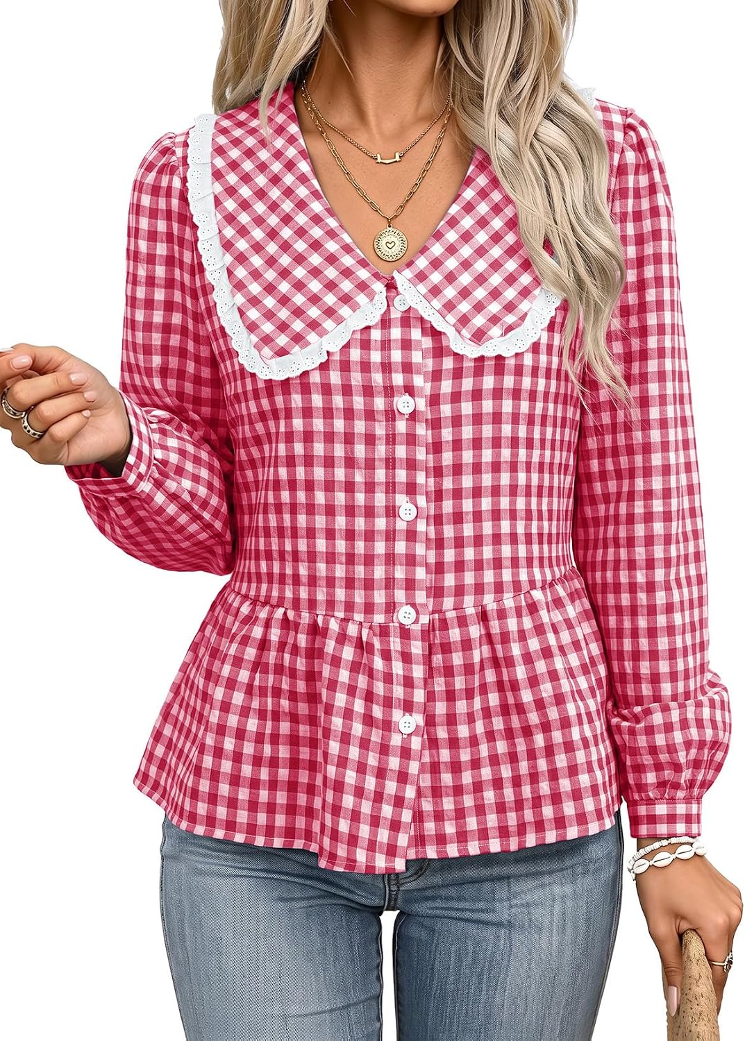 Womens Plaid Shirt Peter Pan Collar Casual Fall Blouse Beige M | Cute Trendy Dressy Casual Cotton Blouses. Cinched Waist. Babydoll Tops. Business Work Office Clothes. Fall Outfits 2026