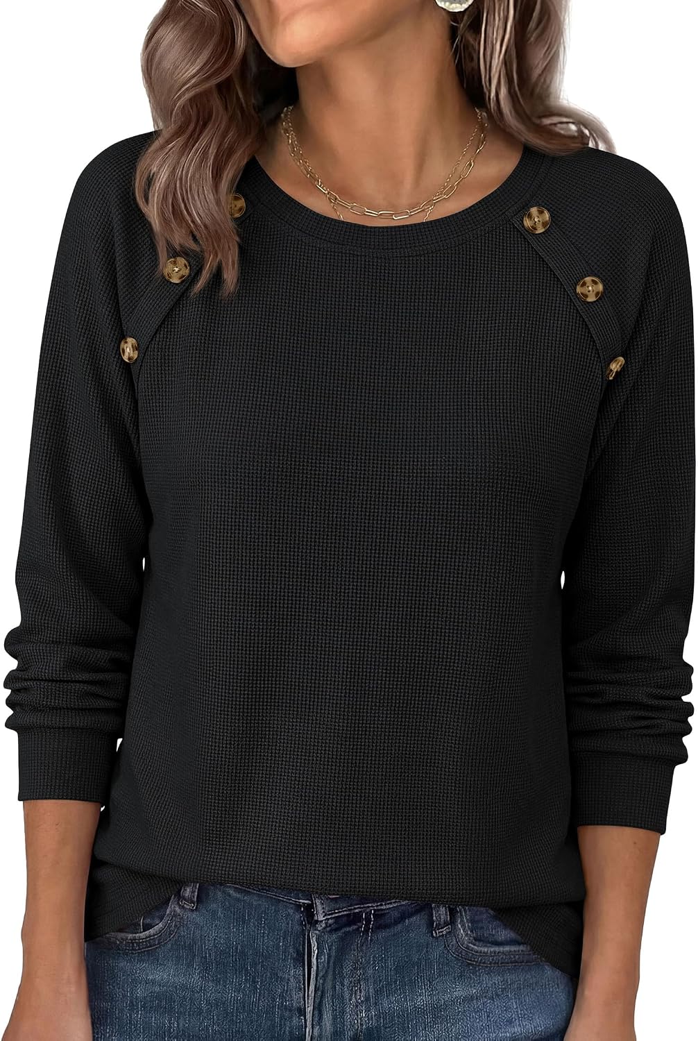 Soft Stretchy Tops. Casual Crew Neck. Raglan Sleeves with Deco Buttons. Loose Fit Tunics.