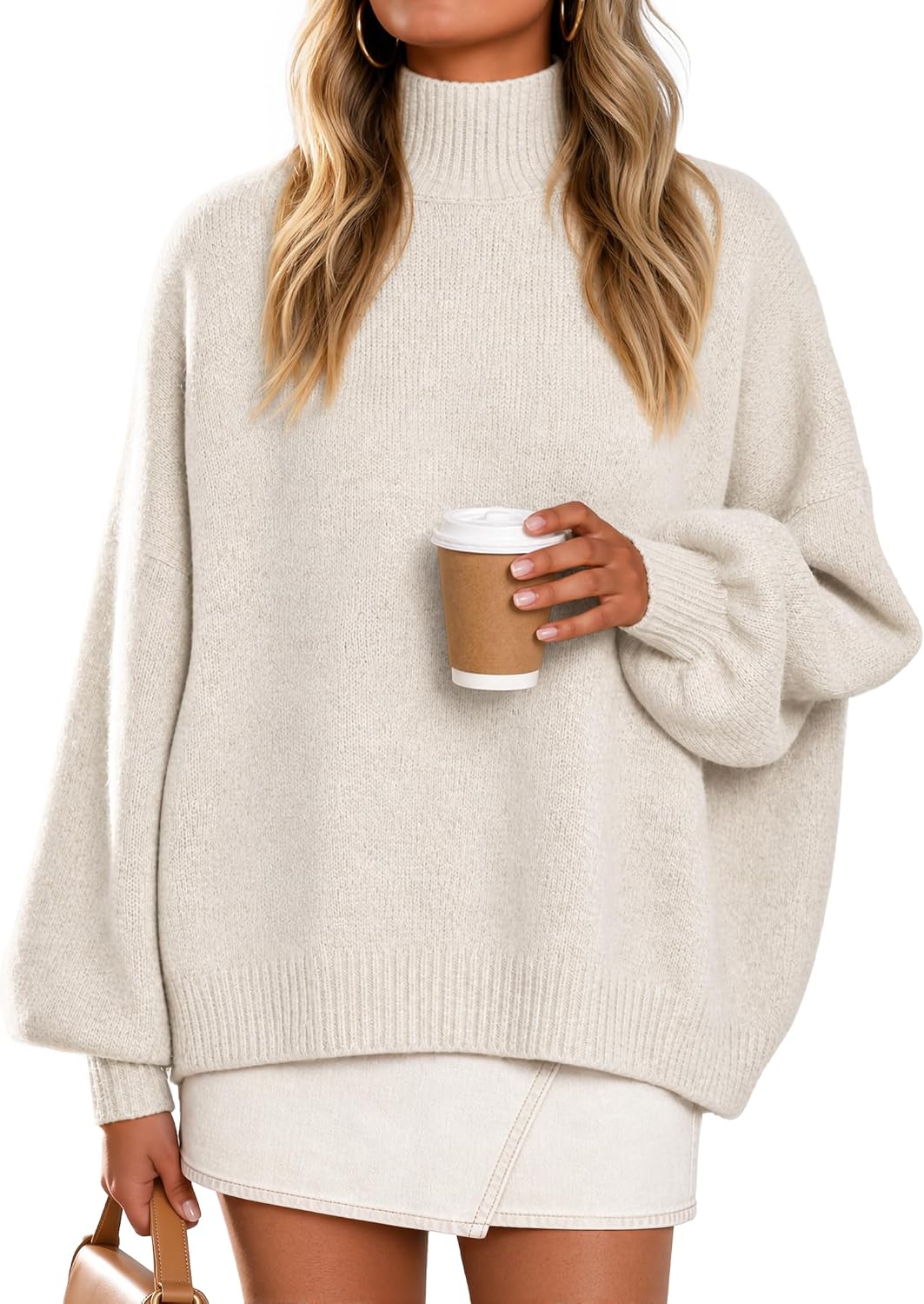Women's Fall Winter Long Sleeve Turtleneck Oversized Sweaters Coffee | Work Casual Sweater. Lantern Sleeve.