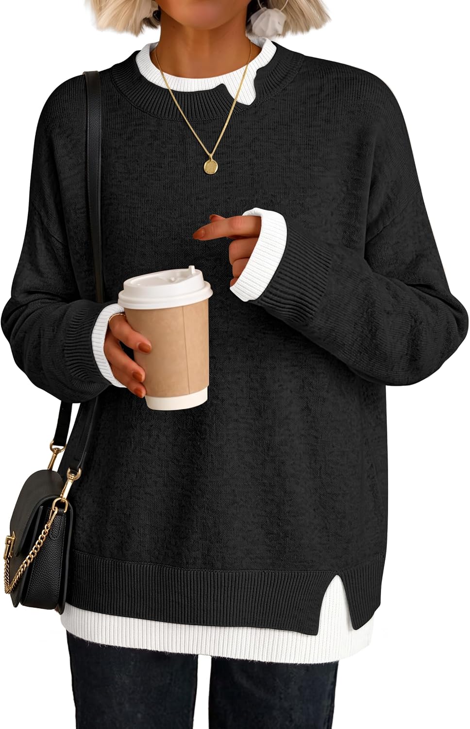Cozy Knit Teacher School Outfits for Women.Faux Layered Ribbed Trim.Long Sleeve Drop Shoulder