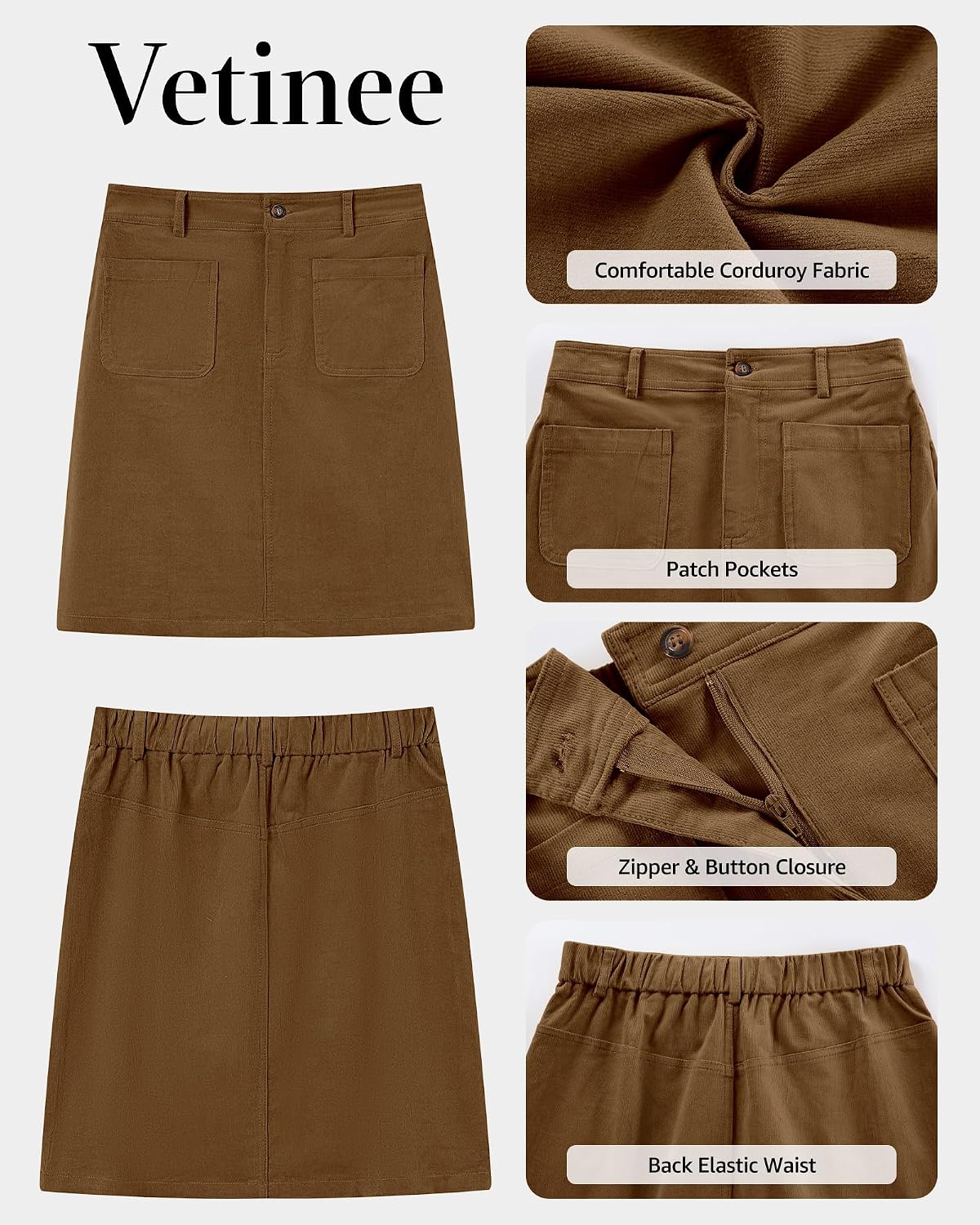Women Skirts Womens Work Skirts High Waisted Skirt for Women | Spring. Patch Pockets. Fall. Dinner. Toffee Brown