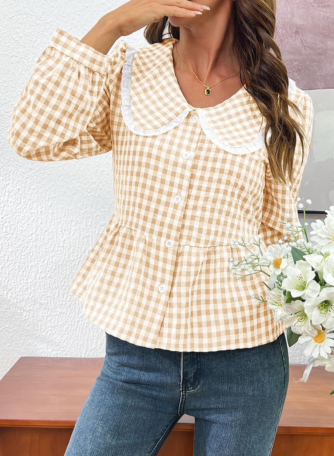 Womens Plaid Shirt Peter Pan Collar Casual Fall Blouse Beige M | Cute Trendy Dressy Casual Cotton Blouses. Cinched Waist. Babydoll Tops. Business Work Office Clothes. Fall Outfits 2026
