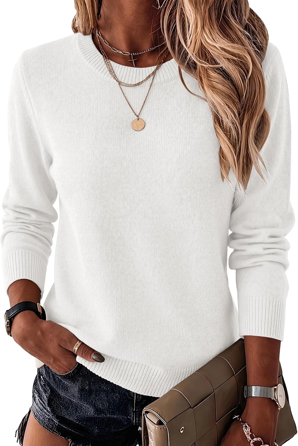 Womens Wool Blend Crewneck Sweater Long Sleeve Soft Knit Pullover Lightweight Business Casual Black Fashion Clothing