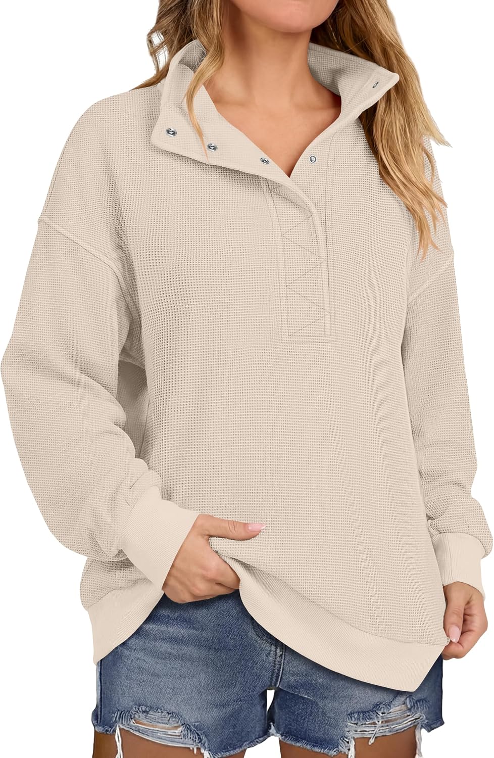 Women Waffle Knit Henley Pullover Tops Beige | Lightweight Comfy Soft Fall Outfits. Long Sleeve Loose Stand Collar Half Button.