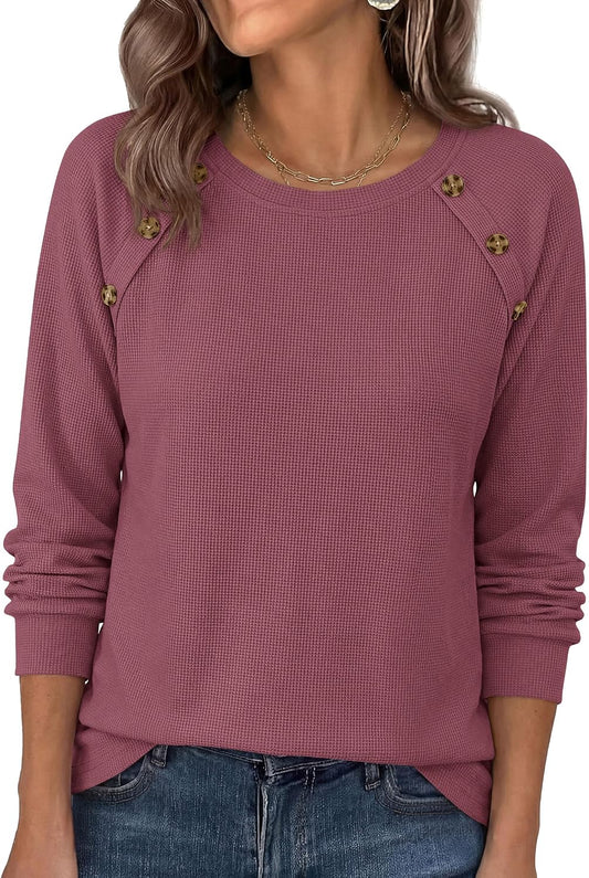 Soft Stretchy Tops. Casual Crew Neck. Raglan Sleeves with Deco Buttons. Loose Fit Tunics.