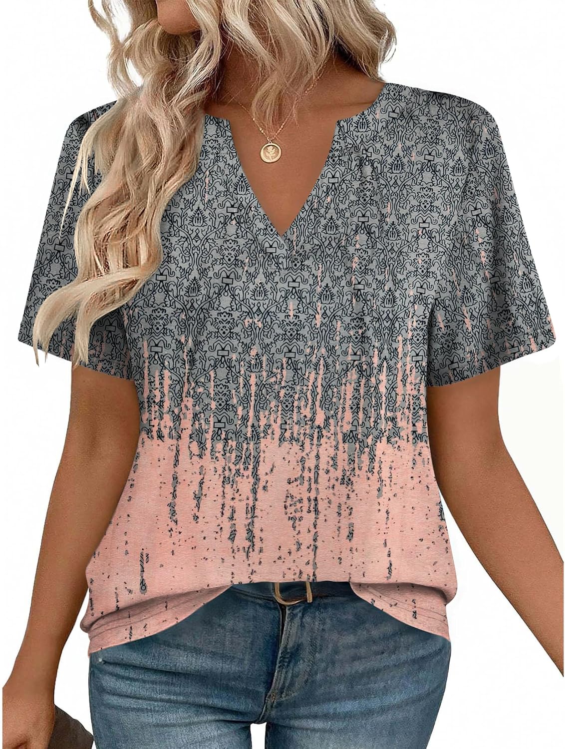 Women V Neck Cute Rolled Short Sleeve Shirts Boho