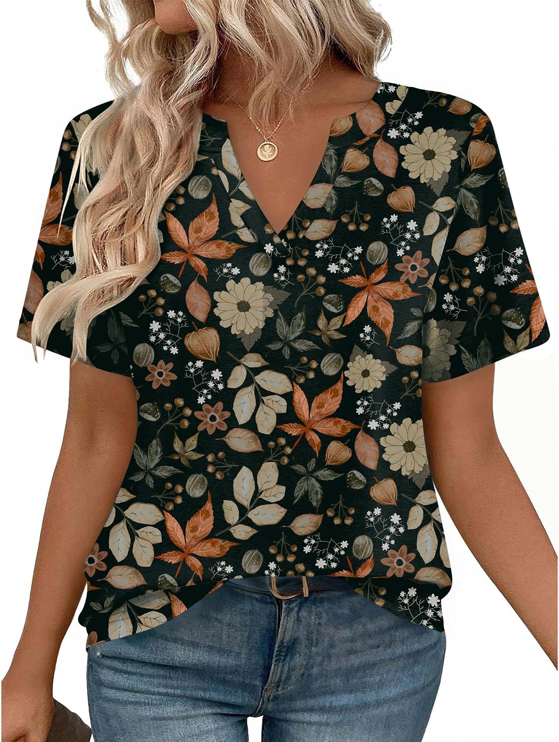 Women V Neck Cute Rolled Short Sleeve Shirts Boho