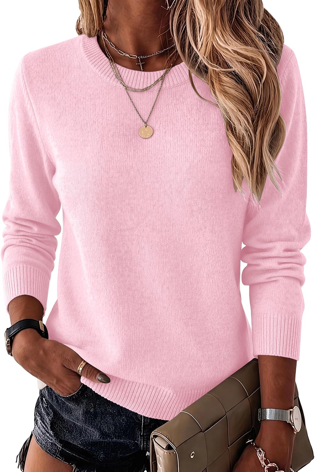 Womens Wool Blend Crewneck Sweater Long Sleeve Soft Knit Pullover Lightweight Business Casual Black Fashion Clothing