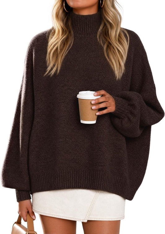 Women's Fall Winter Long Sleeve Turtleneck Oversized Sweaters Coffee | Work Casual Sweater. Lantern Sleeve.
