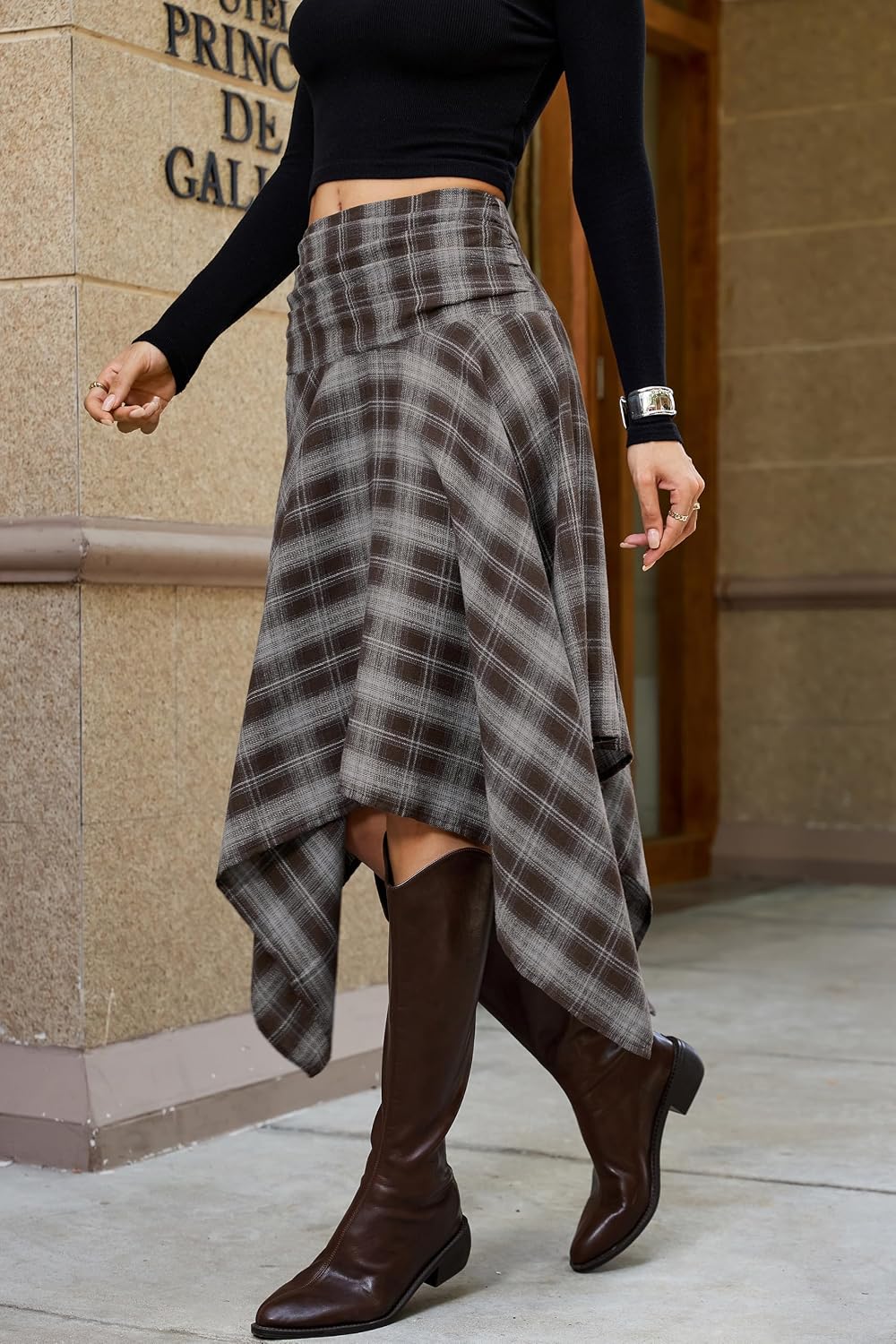Women Asymmetrical Plaid Midi Skirt Y2k Handkerchief Fall Skirt | High Waist Long Flowy Skirt Vintage Western outfits for Concert.Festival.Casual