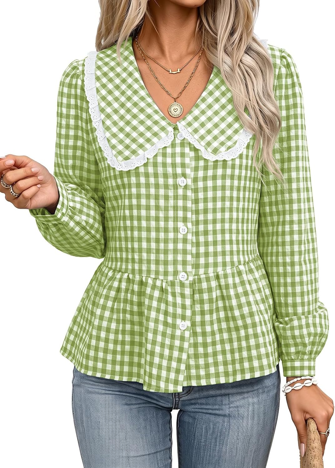Womens Plaid Shirt Peter Pan Collar Casual Fall Blouse Beige M | Cute Trendy Dressy Casual Cotton Blouses. Cinched Waist. Babydoll Tops. Business Work Office Clothes. Fall Outfits 2026