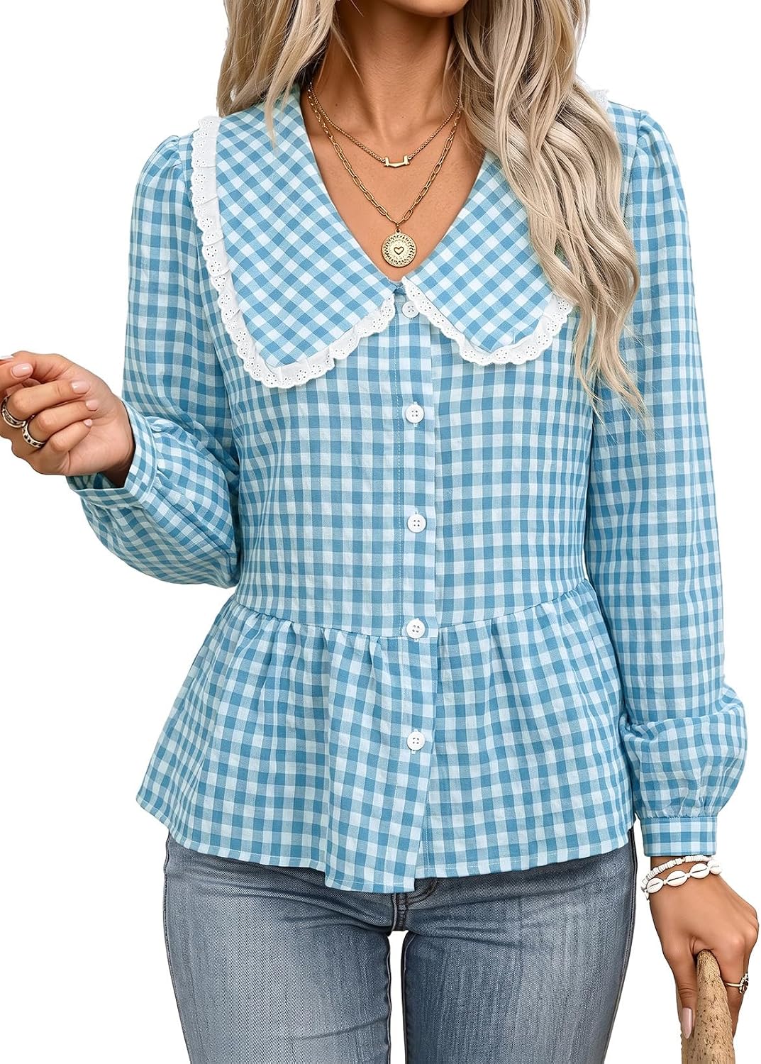 Womens Plaid Shirt Peter Pan Collar Casual Fall Blouse Beige M | Cute Trendy Dressy Casual Cotton Blouses. Cinched Waist. Babydoll Tops. Business Work Office Clothes. Fall Outfits 2026