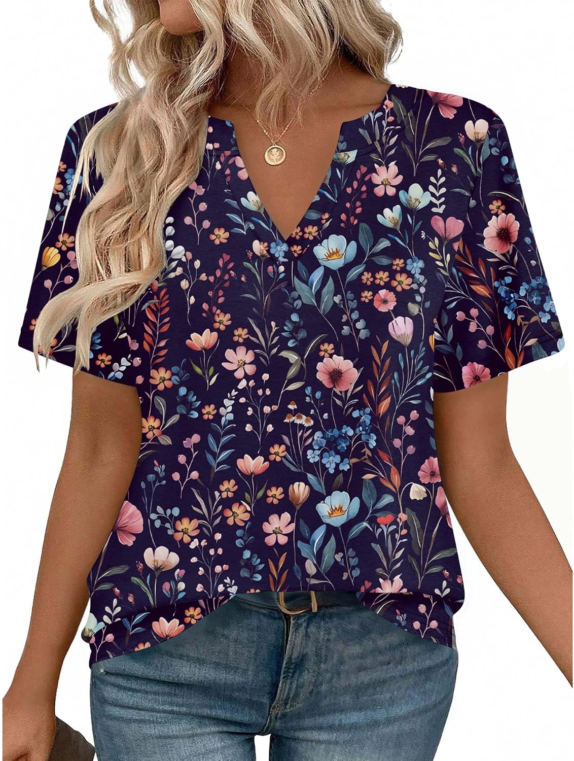 Women V Neck Cute Rolled Short Sleeve Shirts Boho