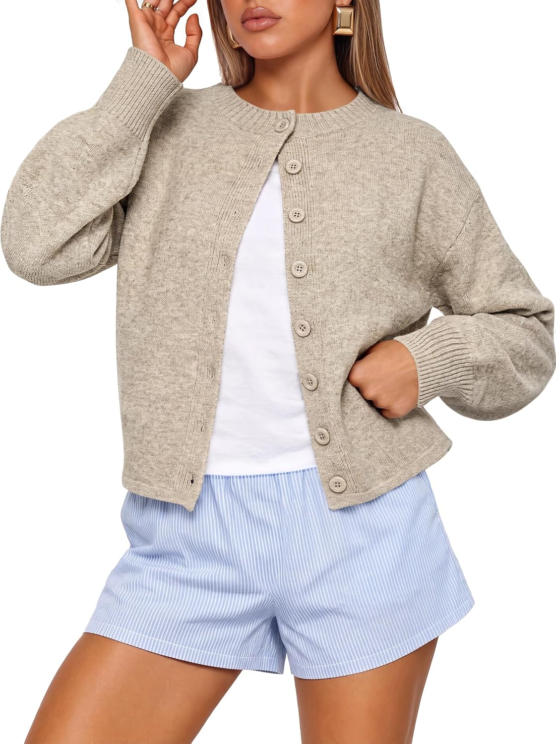 Women Loose Fit Button Down Puff Sleeve | Waist Length.Mid-Weight.Soft Cozy Knit Sweater.Long Sleeve Button Up Fall Outfits.Casual Relaxed Fit.