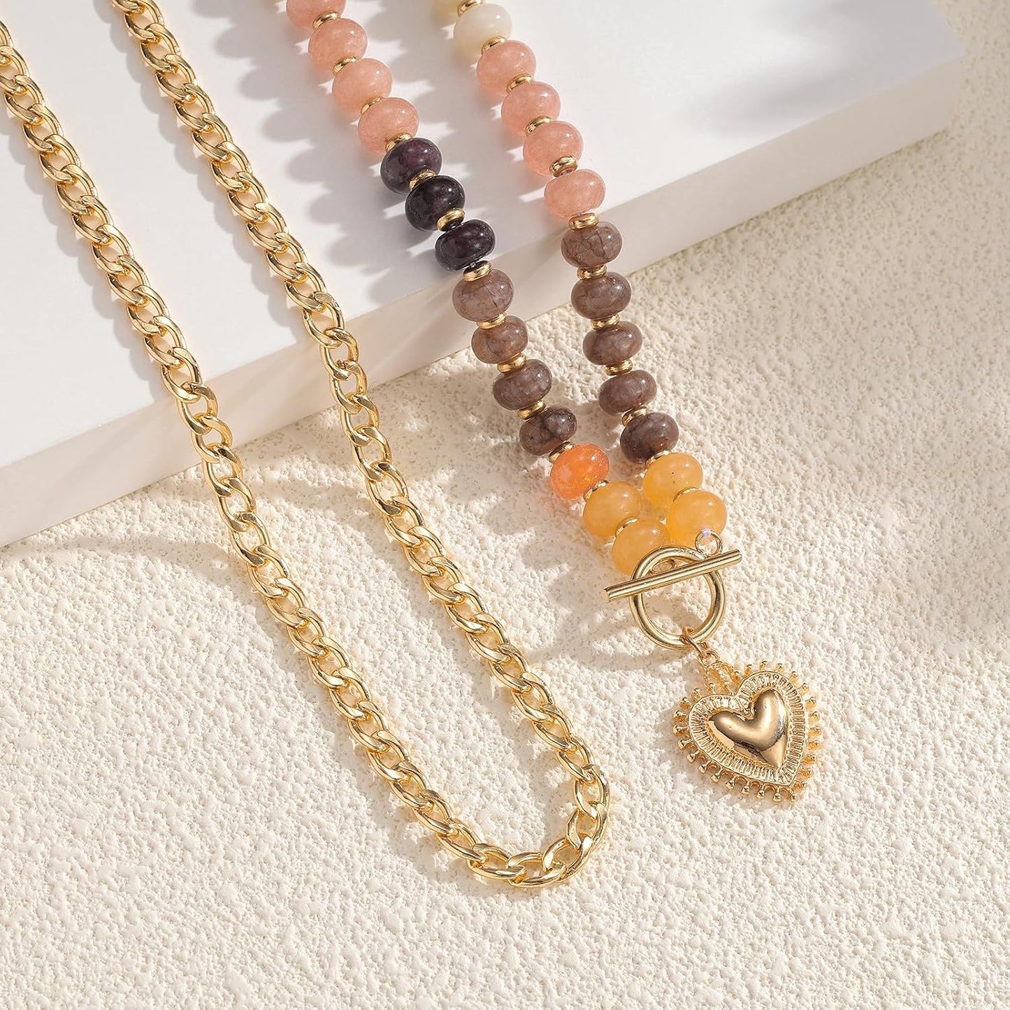 Trendy Statement Stack Necklace. Boho Beach Jewelry Gift with Heart Charm. Stone bead. Gold Pendant and Toggle Clasp