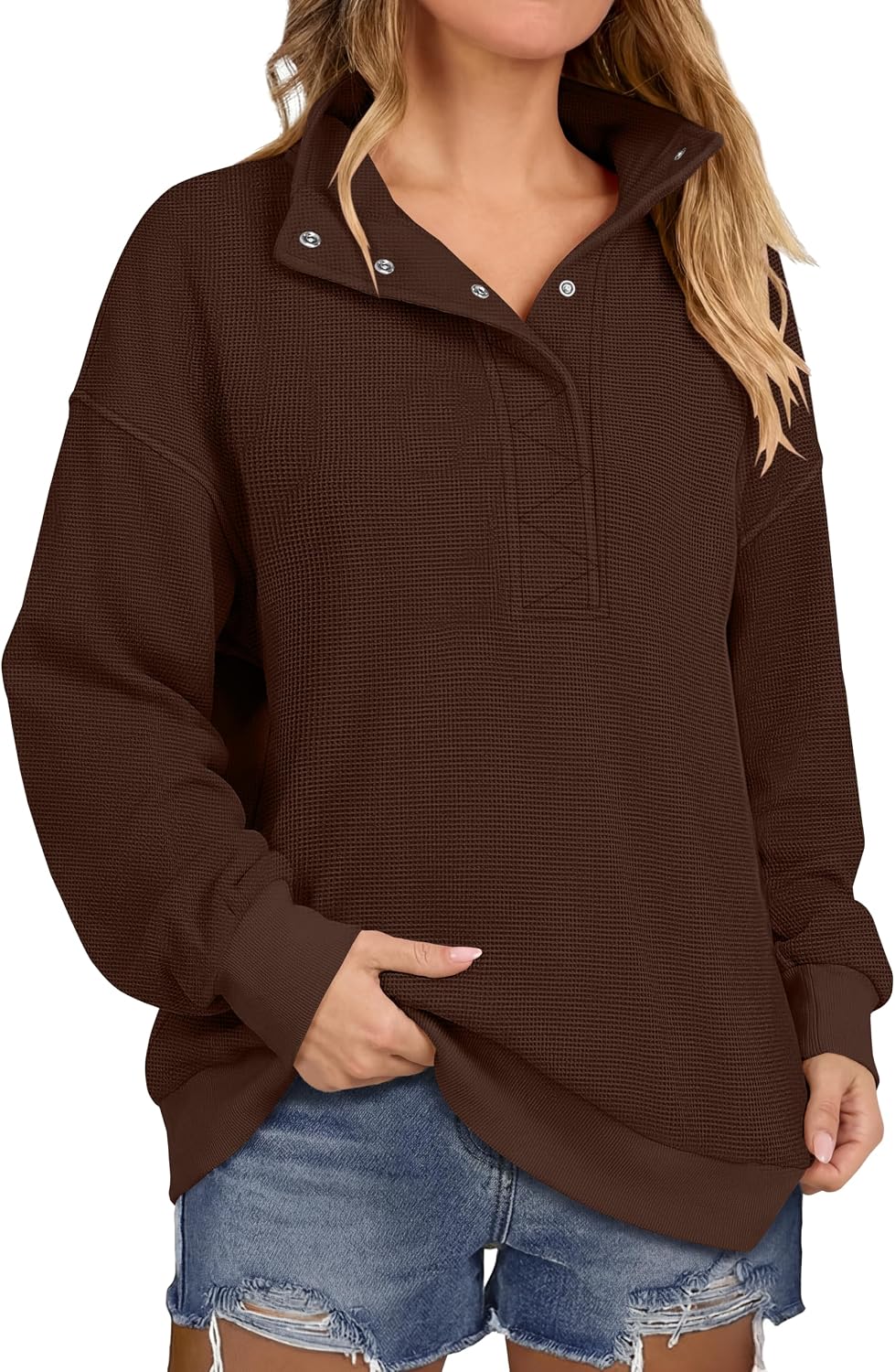 Women Waffle Knit Henley Pullover Tops Beige | Lightweight Comfy Soft Fall Outfits. Long Sleeve Loose Stand Collar Half Button.