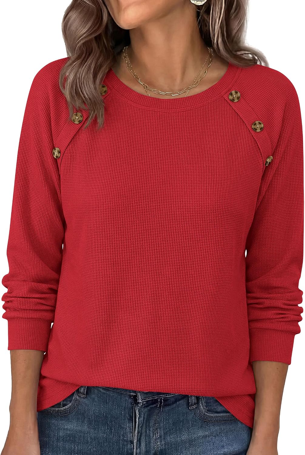 Soft Stretchy Tops. Casual Crew Neck. Raglan Sleeves with Deco Buttons. Loose Fit Tunics.
