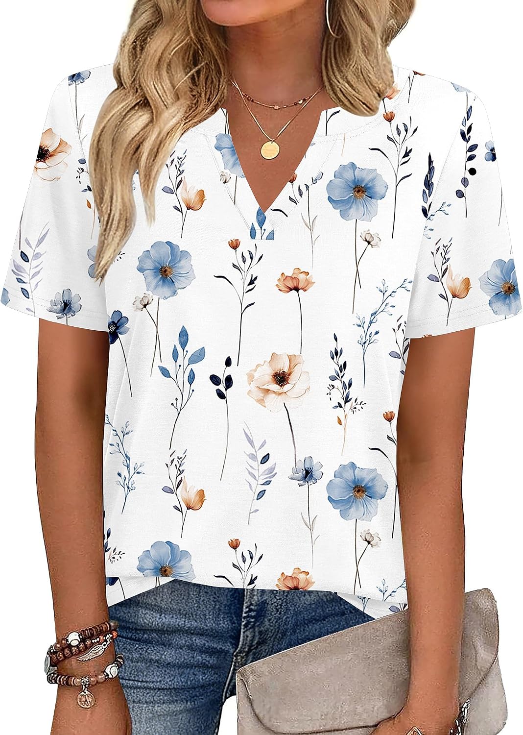 Women V Neck Cute Rolled Short Sleeve Shirts Boho