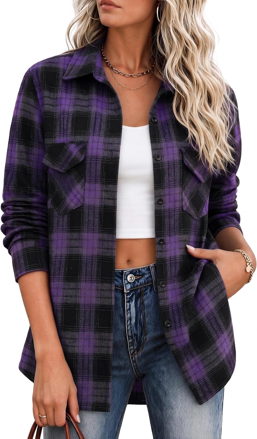 Women's Flannel Shirts Plaid Shacket Cotton Fall Tops with Pockets | Cotton Blend Plaid Material Loose Baggy Shacket Shirt Design 90s Vintage Style Festival Looks