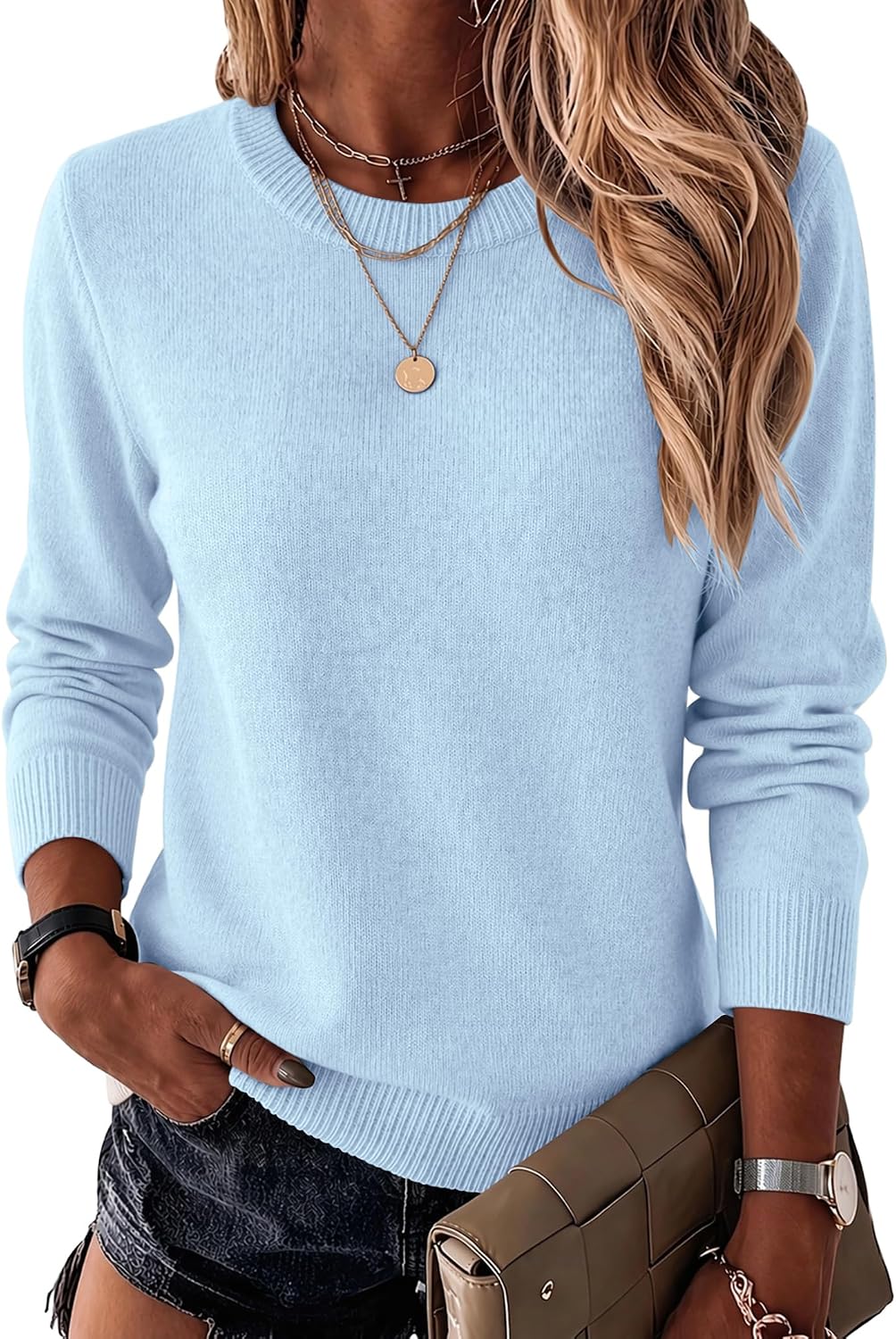 Womens Wool Blend Crewneck Sweater Long Sleeve Soft Knit Pullover Lightweight Business Casual Black Fashion Clothing