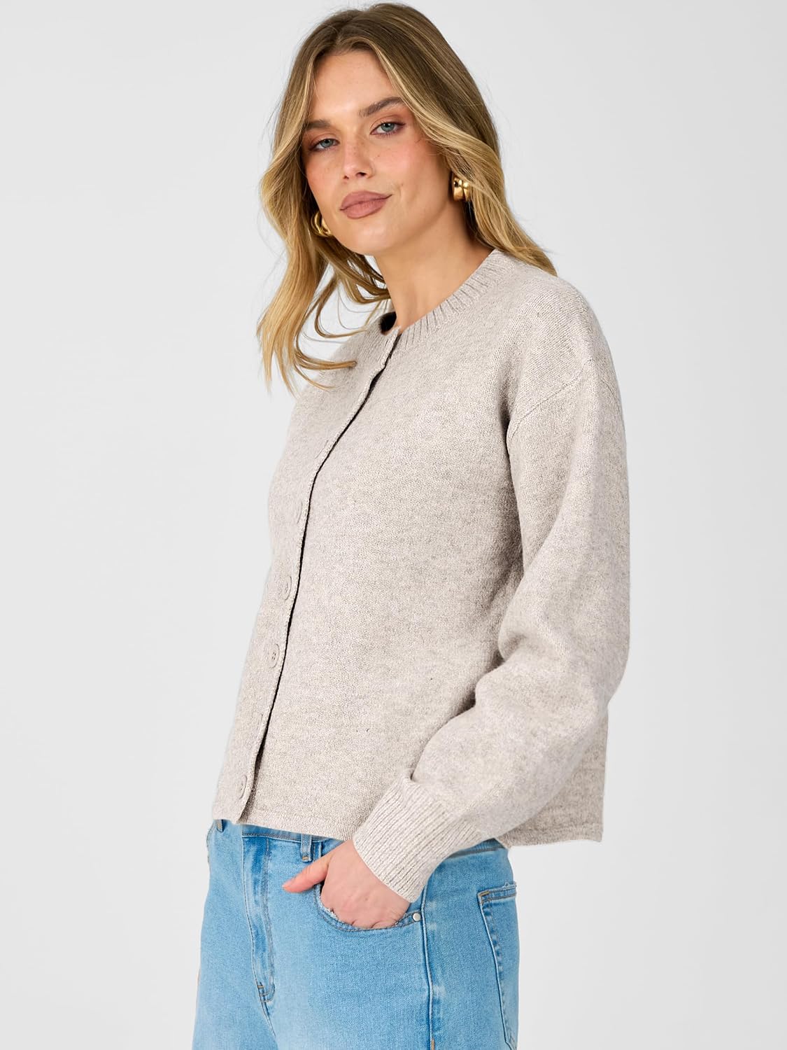 Women Loose Fit Button Down Puff Sleeve | Waist Length.Mid-Weight.Soft Cozy Knit Sweater.Long Sleeve Button Up Fall Outfits.Casual Relaxed Fit.
