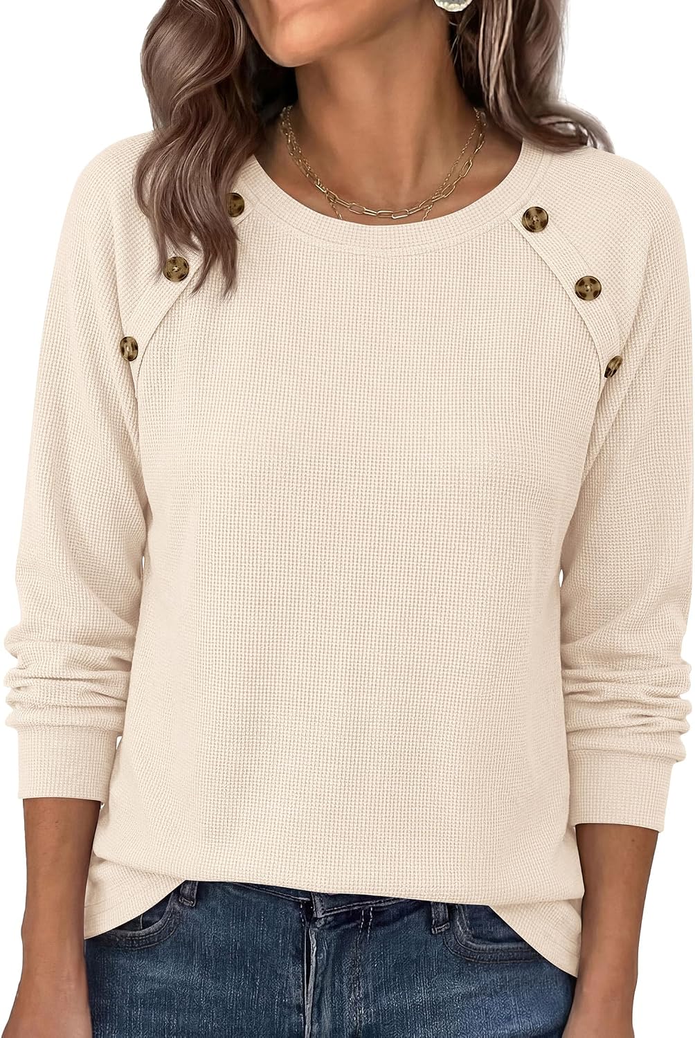 Soft Stretchy Tops. Casual Crew Neck. Raglan Sleeves with Deco Buttons. Loose Fit Tunics.