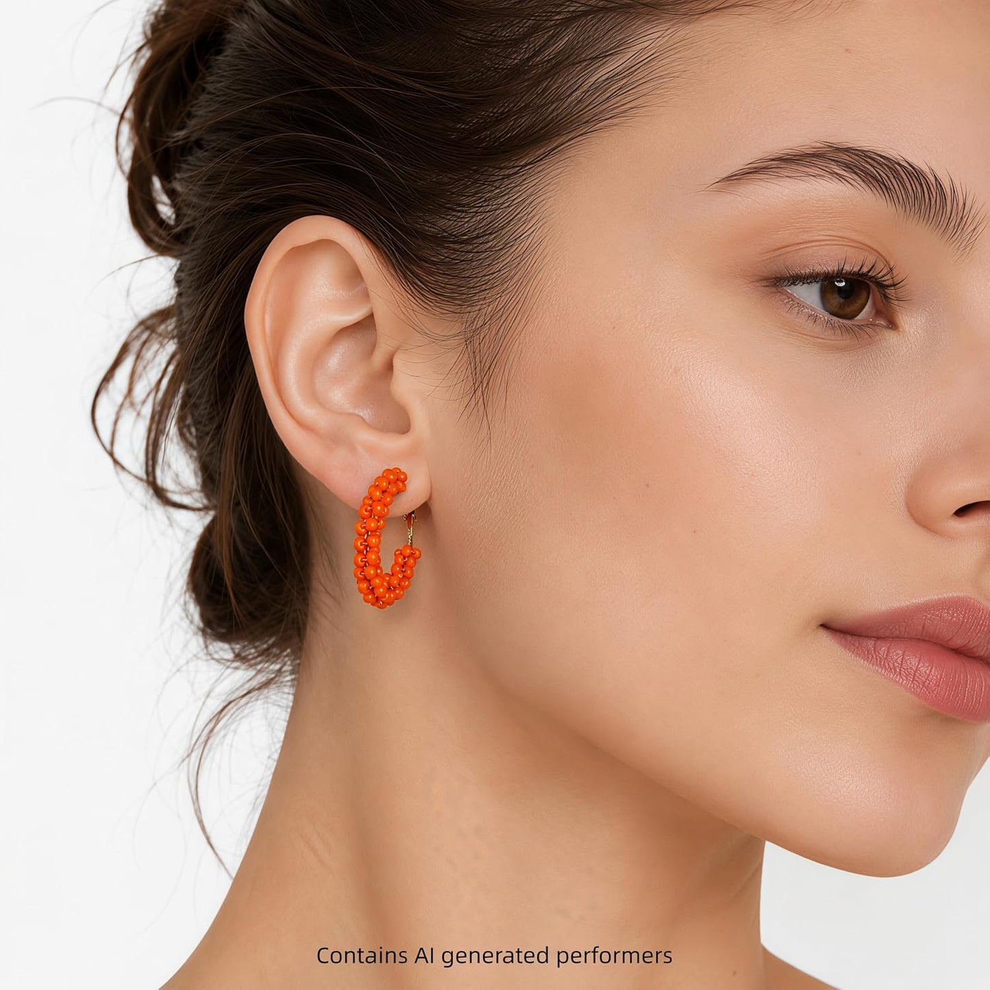 Colorful Beaded Hoop Earrings for Women. Handmade Style Boho Jewelry (Orange)