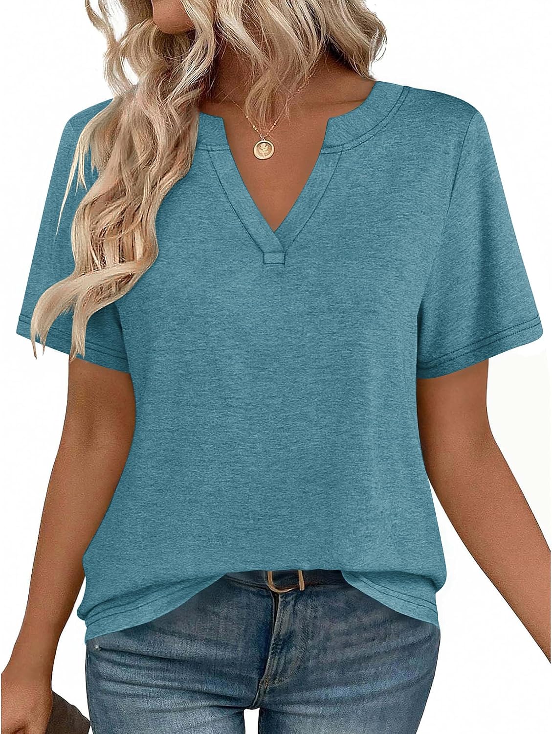 Women V Neck Cute Rolled Short Sleeve Shirts Boho