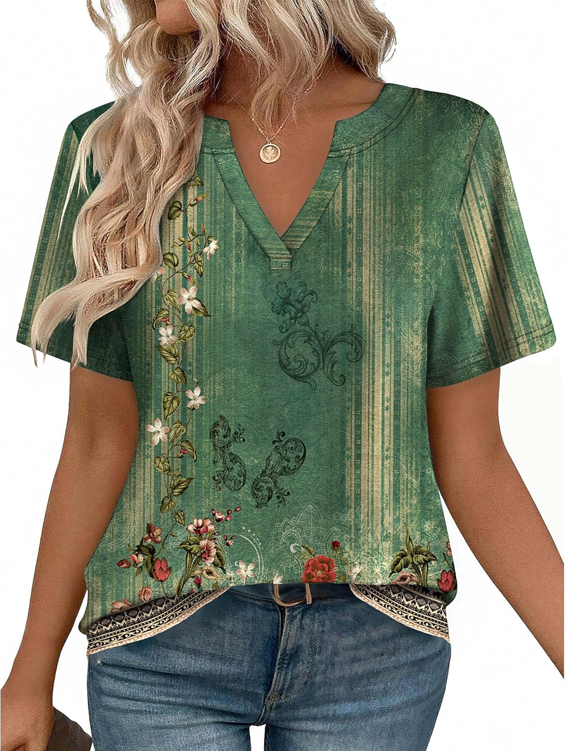 Women V Neck Cute Rolled Short Sleeve Shirts Boho
