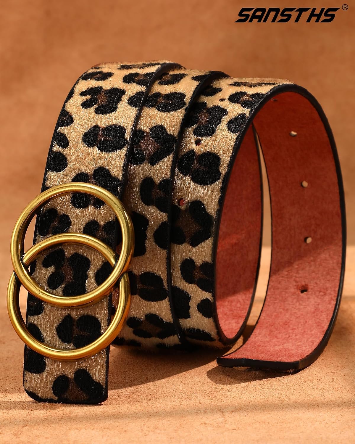Womens Leather Belt for Jeans Pants Fashion Waist Belts Double Ring Buckle.Gold Buckle.leopard.