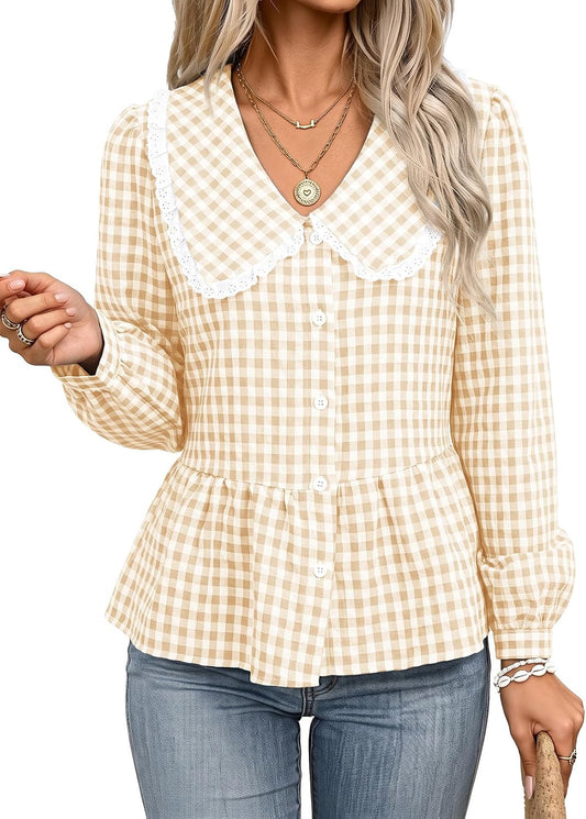 Womens Plaid Shirt Peter Pan Collar Casual Fall Blouse Beige M | Cute Trendy Dressy Casual Cotton Blouses. Cinched Waist. Babydoll Tops. Business Work Office Clothes. Fall Outfits 2026