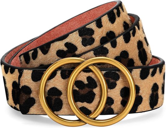 Womens Leather Belt for Jeans Pants Fashion Waist Belts Double Ring Buckle.Gold Buckle.leopard.